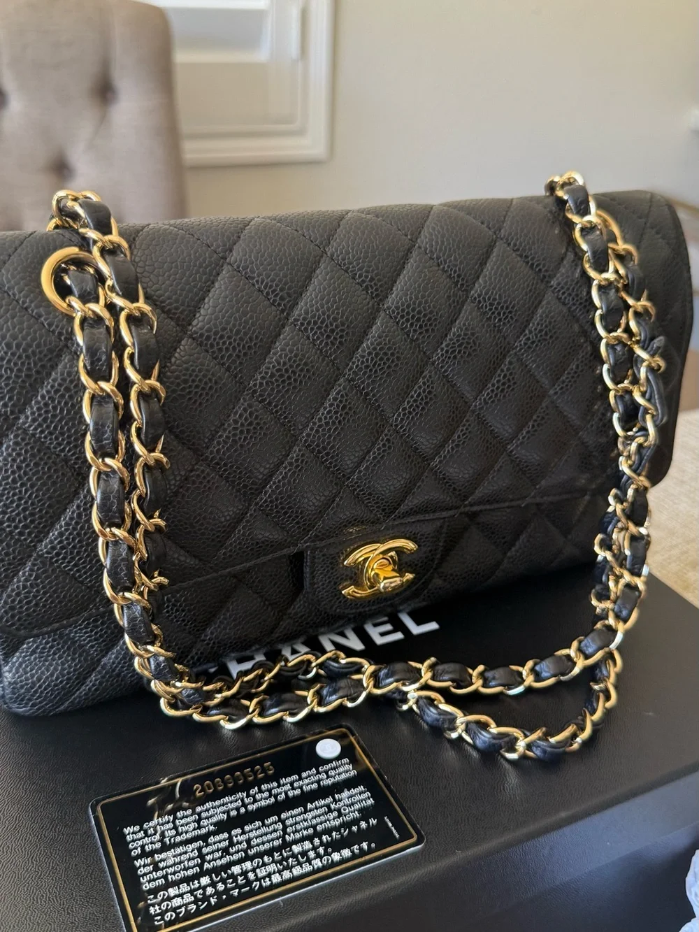 CHANEL Black Quilted Medium Caviar Shoulder Bag with Gold CC Hardware
